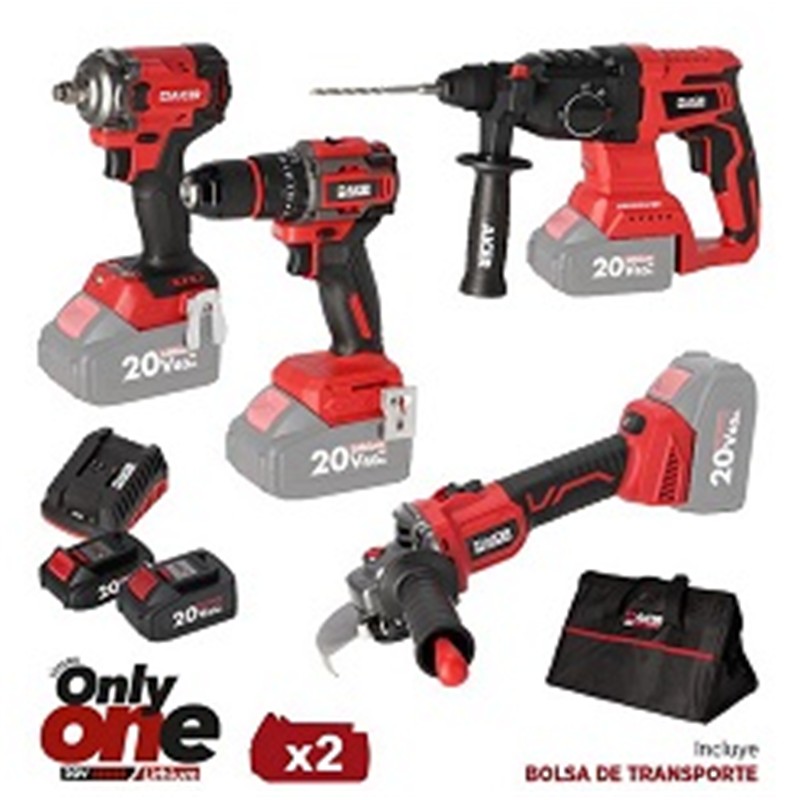 PACK RADIAL+TALADRO+ LLAVE IMPACTO+ MARTILLO 20V ONLY ONE AICER (2X 2+4AH) AC1730
