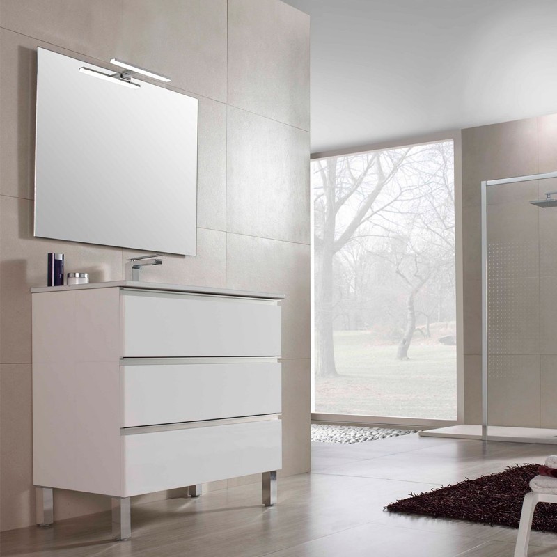 CONJUNTO RIO 80 BLANCO BRILLO + LAVABO + ESPEJO BRISTOL + APLIQUE LED VERONICA